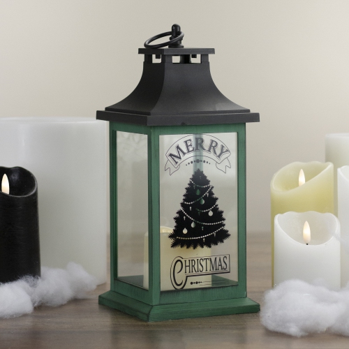 12" Green and Black LED Candle With Christmas Tree Tabletop Lantern