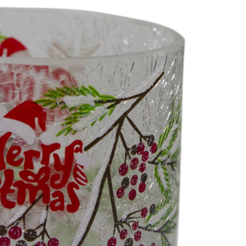 8" Hand Painted Christmas Cardinal and Pine Flameless Glass Christmas Candle Holder