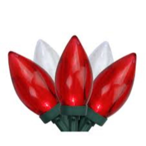 25 Red and White LED C7 Christmas Lights - 16 ft Green Wire