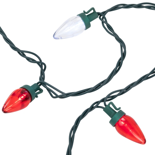 25 Red and White LED C7 Christmas Lights - 16 ft Green Wire