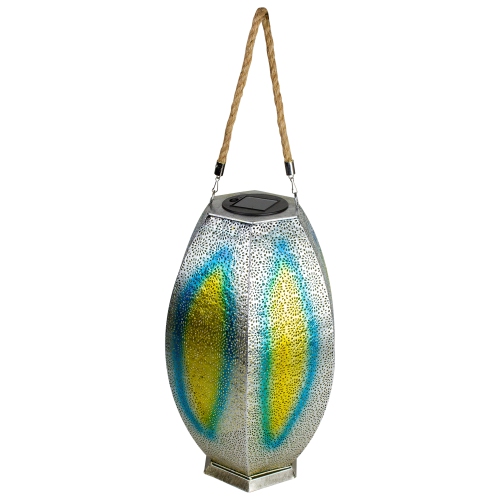15.5" Silver Floral Outdoor Hanging Solar Lantern with Jute Handle
