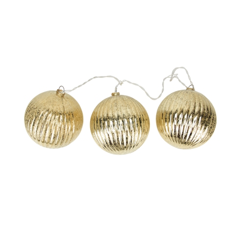 Set of 3 Lighted Gold Mercury Glass Finish Ribbed Ball Christmas Ornaments - Clear Lights