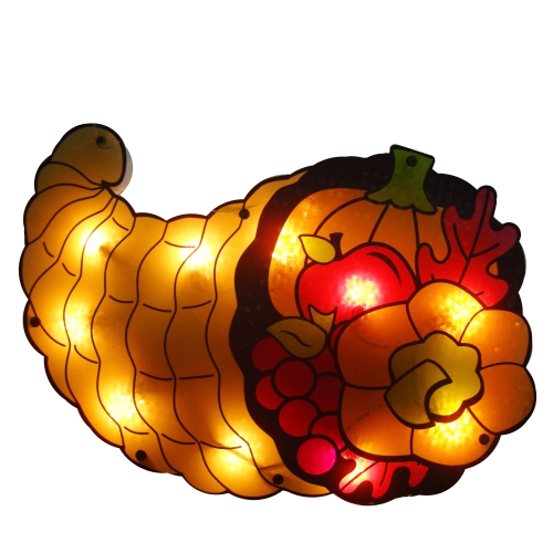 NORTHLIGHT  16" Gold And Lighted Cornucopia Thanksgiving Window Silhouette Decoration In Red