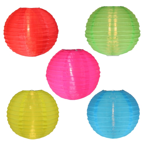 SIENNA  Set Of 5 Asian Fusion Colorful Chinese Lantern Garden Patio Lights - Wire In White