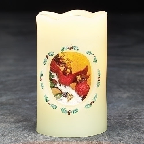 ROMAN  5" Vibrantly Colored Cardinals Scene Flickering Flame-Less Led Candle