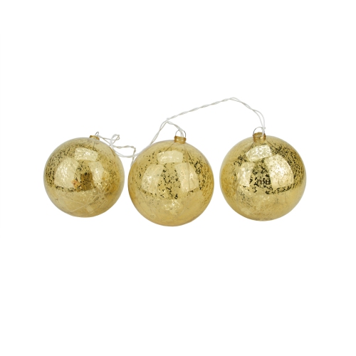 PENN  Set Of 3 Lighted Mercury Glass Finish Ball Christmas Ornaments - Clear Lights In Gold