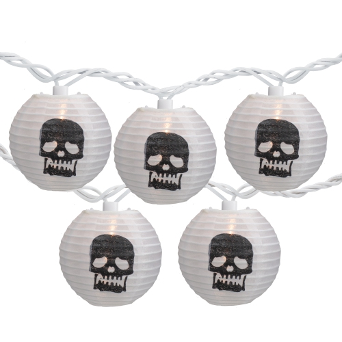 NORTHLIGHT  10-Count And Black Skull Paper Lantern Halloween Lights, 8.5Ft Wire In White