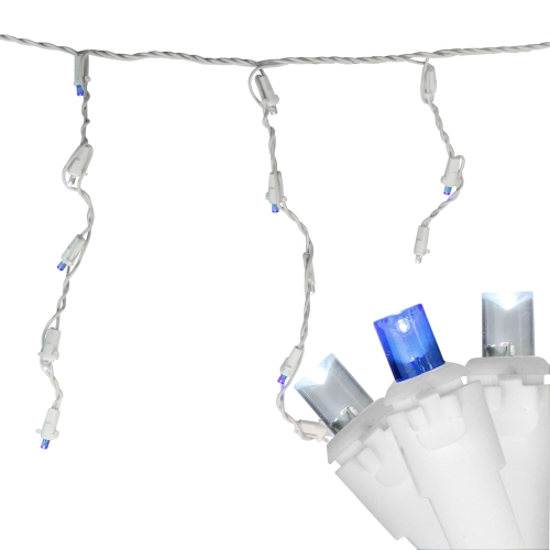 100 Blue and Pure White LED Wide Angle Icicle Christmas Lights - 5.5 ft White Wire
