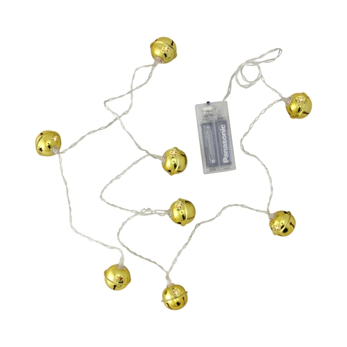 8 Battery Operated Gold LED Jingle Bell Christmas Lights - Clear Wire