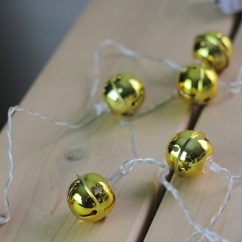 8 Battery Operated Gold LED Jingle Bell Christmas Lights - Clear Wire