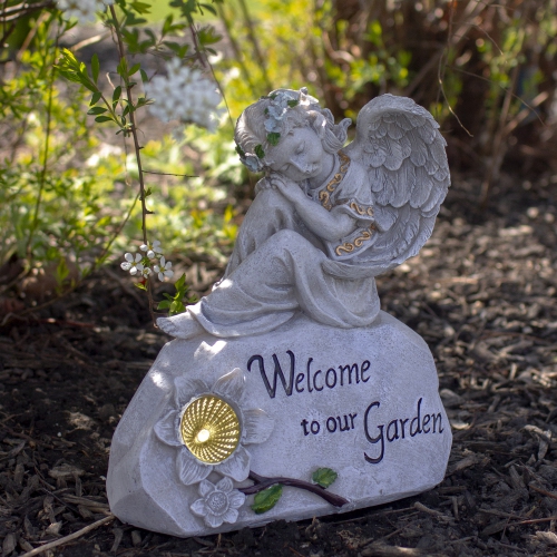 9.25" Gray Solar Powered "Welcome to Our Garden" Angel Outdoor Garden Statue