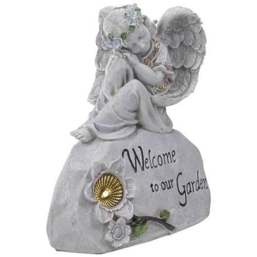 9.25" Gray Solar Powered "Welcome to Our Garden" Angel Outdoor Garden Statue