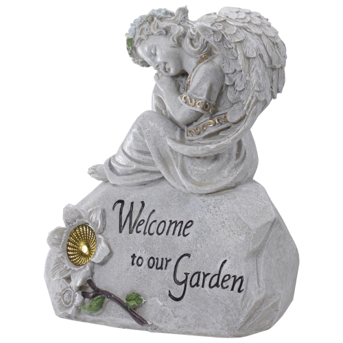 9.25" Gray Solar Powered "Welcome to Our Garden" Angel Outdoor Garden Statue