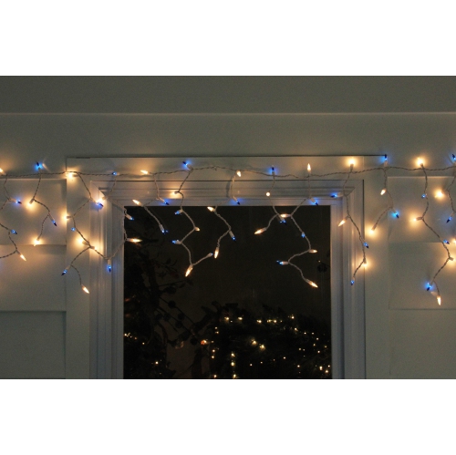 50 Blue and Clear Mini Window Curtain Icicle Christmas Lights - 2.6 ft White Wire