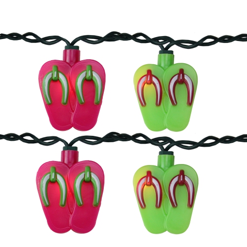KEYSTONE  Set Of 10 Pink And Beach Party Sandal Patio Novelty Lights - 6.5 Ft Wire In Green