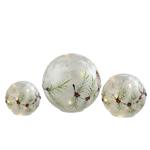 Set of 3 LED Frosted Snowball Berries and Pine Glass Christmas Globes with Timer - 8"