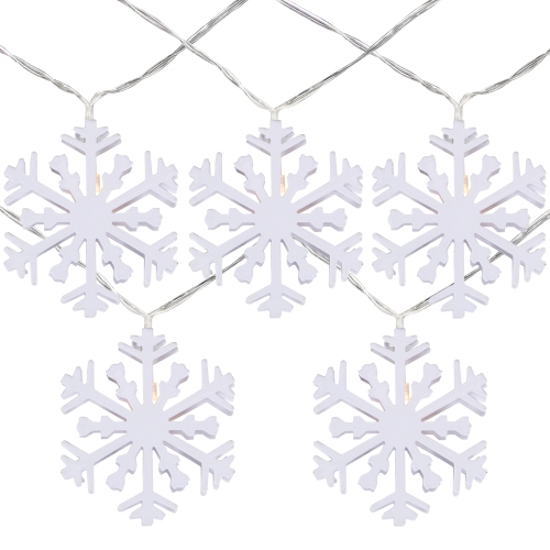10 lumières de Noël à DEL blanc chaud en forme de flocon de neige blanc - 4.5 pi en fil transparent