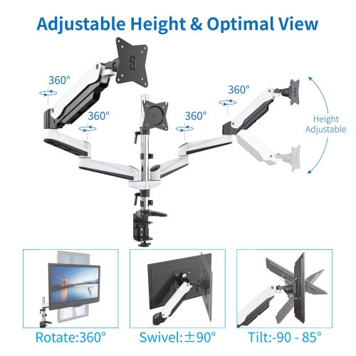 Refurbished - SHOPPINGALL Fully Adjustable Triple Gas Spring LCD Monitor Mount Stand with 2 Swing Arms for 15”-32” Monitors - SA-GA36 (WHITE)