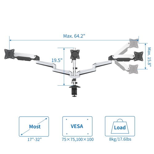 Refurbished - SHOPPINGALL Fully Adjustable Triple Gas Spring LCD Monitor Mount Stand with 2 Swing Arms for 15”-32” Monitors - SA-GA36 (WHITE)
