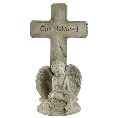 ROMAN  11.75" Sandy "our Beloved" Cross With A Seated Angel Religious Garden Memorial Statue In Brown