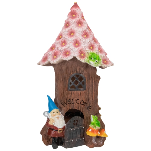 NORTHLIGHT  14" Solar Lighted Bless Our Home Gnome Tree House Outdoor Garden Statue