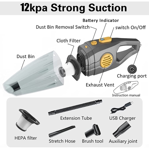 NIERBO Upgrade Handheld Vacuum Cordless Rechargeable Handheld Vacuums 12000PA-14000PA High Power with Power Display for Car, Home, Office, Pet Hair