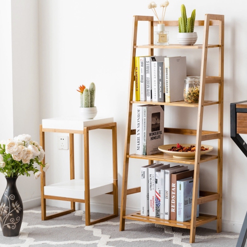 4-Tier Wicker Bookcase Storage Rack and Multi-Functional Stand