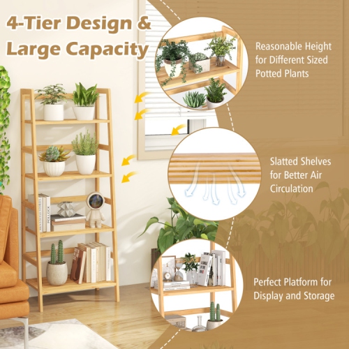 4-Tier Wicker Bookcase Storage Rack and Multi-Functional Stand