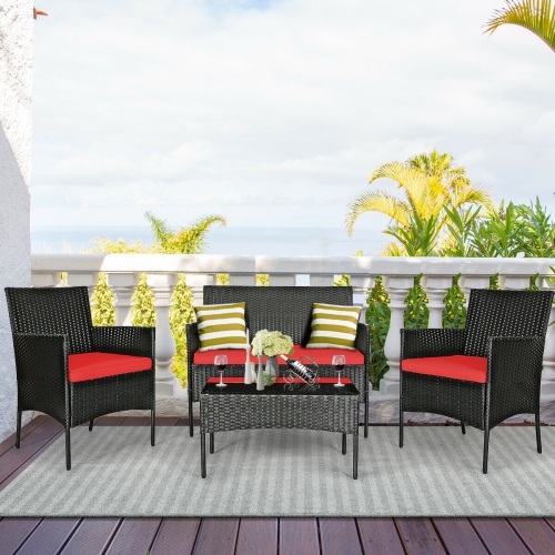 4-Piece Outdoor Rattan Sofa Set with Cushions and Tempered Glass Coffee Table