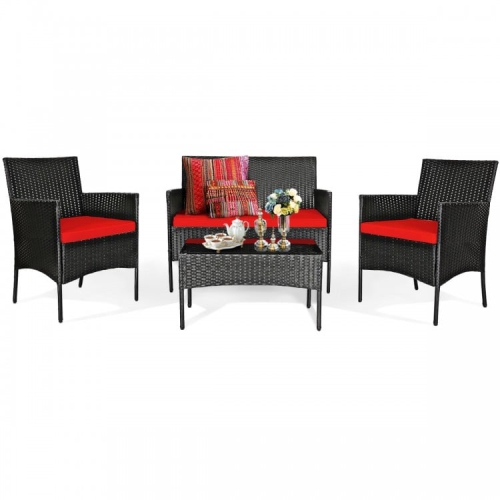 4-Piece Outdoor Rattan Sofa Set with Cushions and Tempered Glass Coffee Table