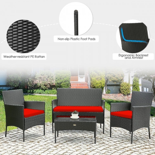 4-Piece Outdoor Rattan Sofa Set with Cushions and Tempered Glass Coffee Table