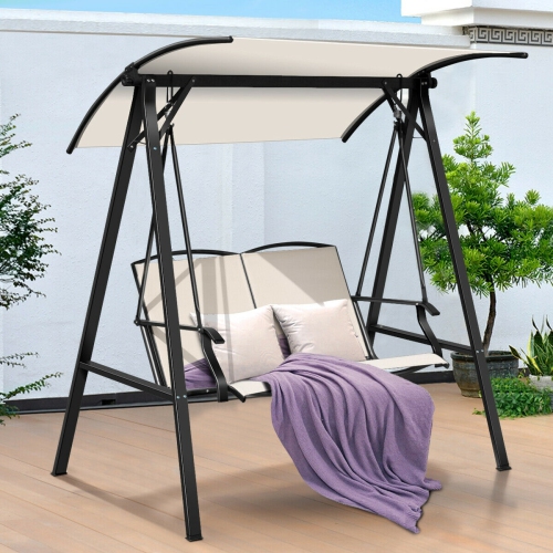 2 Person Patio Swing with Weather Resistant Glider and Adjustable Canopy-Beige