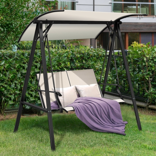 2 Person Patio Swing with Weather Resistant Glider and Adjustable Canopy-Beige