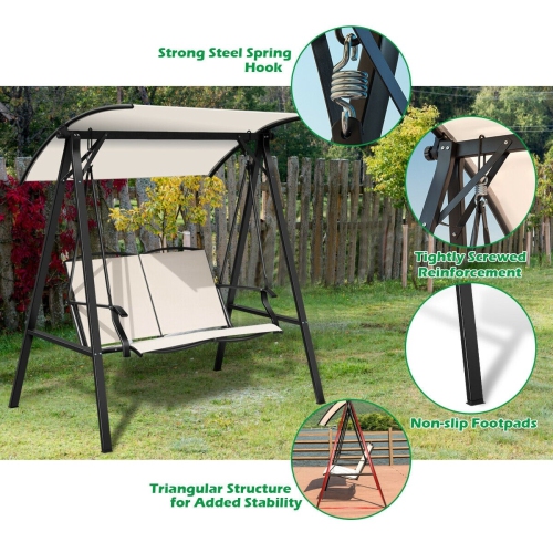 2 Person Patio Swing with Weather Resistant Glider and Adjustable Canopy-Beige
