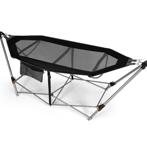 SLICKBLUE  Indoor Outdoor Folding Hammock With Side Pocket And Iron Stand
