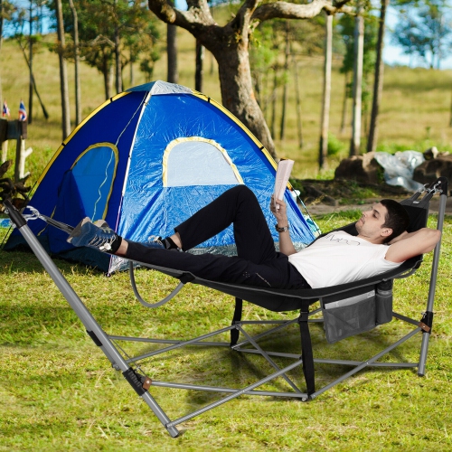 Indoor Outdoor Folding Hammock with Side Pocket and Iron Stand