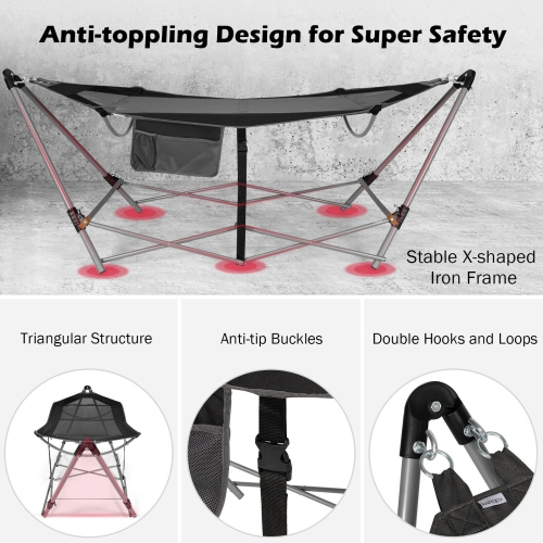 Indoor Outdoor Folding Hammock with Side Pocket and Iron Stand