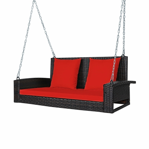 2-Person Wicker Hanging Porch Swing with 2 Back Cushions and 1 Seat Cushion