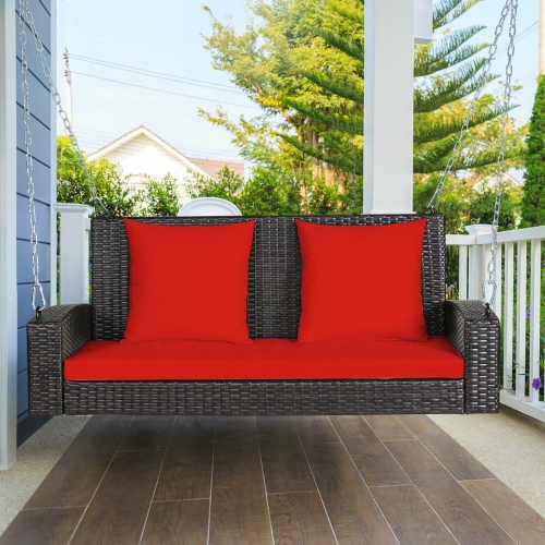 2-Person Wicker Hanging Porch Swing with 2 Back Cushions and 1 Seat Cushion