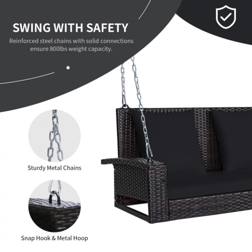 2-Person Wicker Hanging Porch Swing with 2 Back Cushions and 1 Seat Cushion
