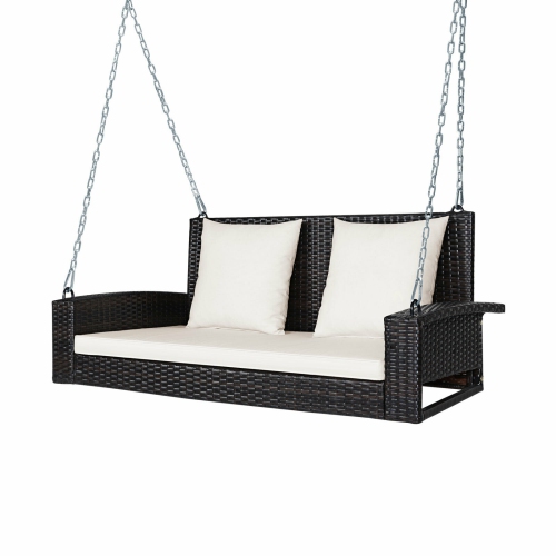 2-Person Wicker Hanging Porch Swing with 2 Back Cushions and 1 Seat Cushion