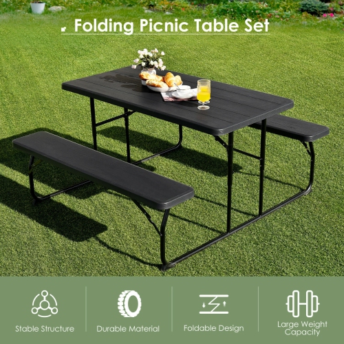 Portable Folding Picnic Table Bench Set with Wood-Style Texture for Backyard or Patio