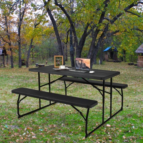 Portable Folding Picnic Table Bench Set with Wood-Style Texture for Backyard or Patio