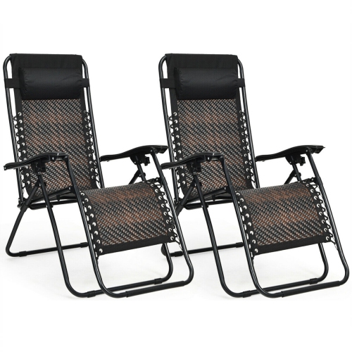 SLICKBLUE  2 Pieces Folding Patio Rattan Zero Gravity Lounge Chair-Brown