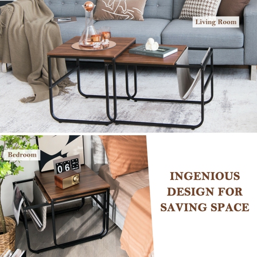 Set of 2 Nesting Coffee Table with Magazine Holder-Rustic Brown