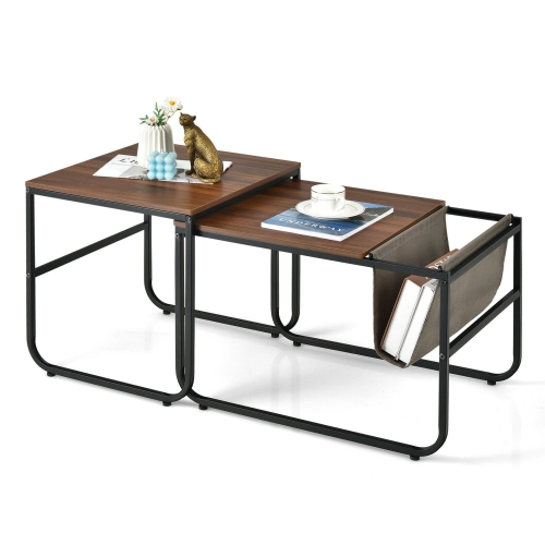Set of 2 Nesting Coffee Table with Magazine Holder-Rustic Brown