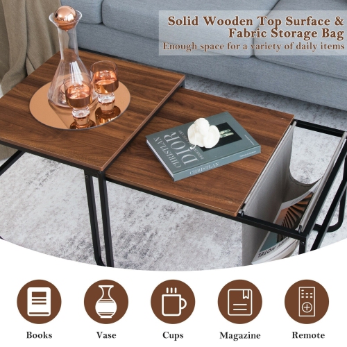 Set of 2 Nesting Coffee Table with Magazine Holder-Rustic Brown