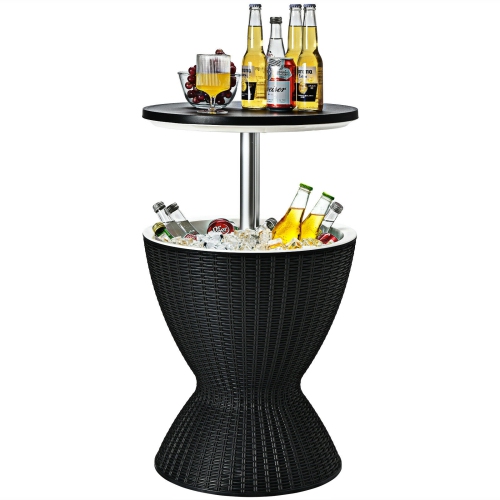 SLICKBLUE  3 In 1 8 Gallon Patio Rattan Cooler Bar Table With Adjust Ice Bucket-Black