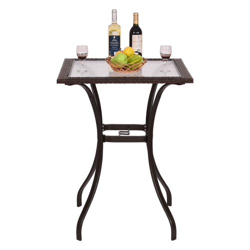 Square Glass Patio Table with Rattan Trim – 28.5" Outdoor Dining or Coffee Table