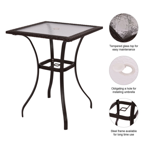 Square Glass Patio Table with Rattan Trim – 28.5" Outdoor Dining or Coffee Table